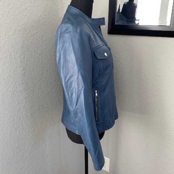 COLE HAAN 100% Leather Indigo Blue Moto Jacket Coat Small - Picture 5 of 12